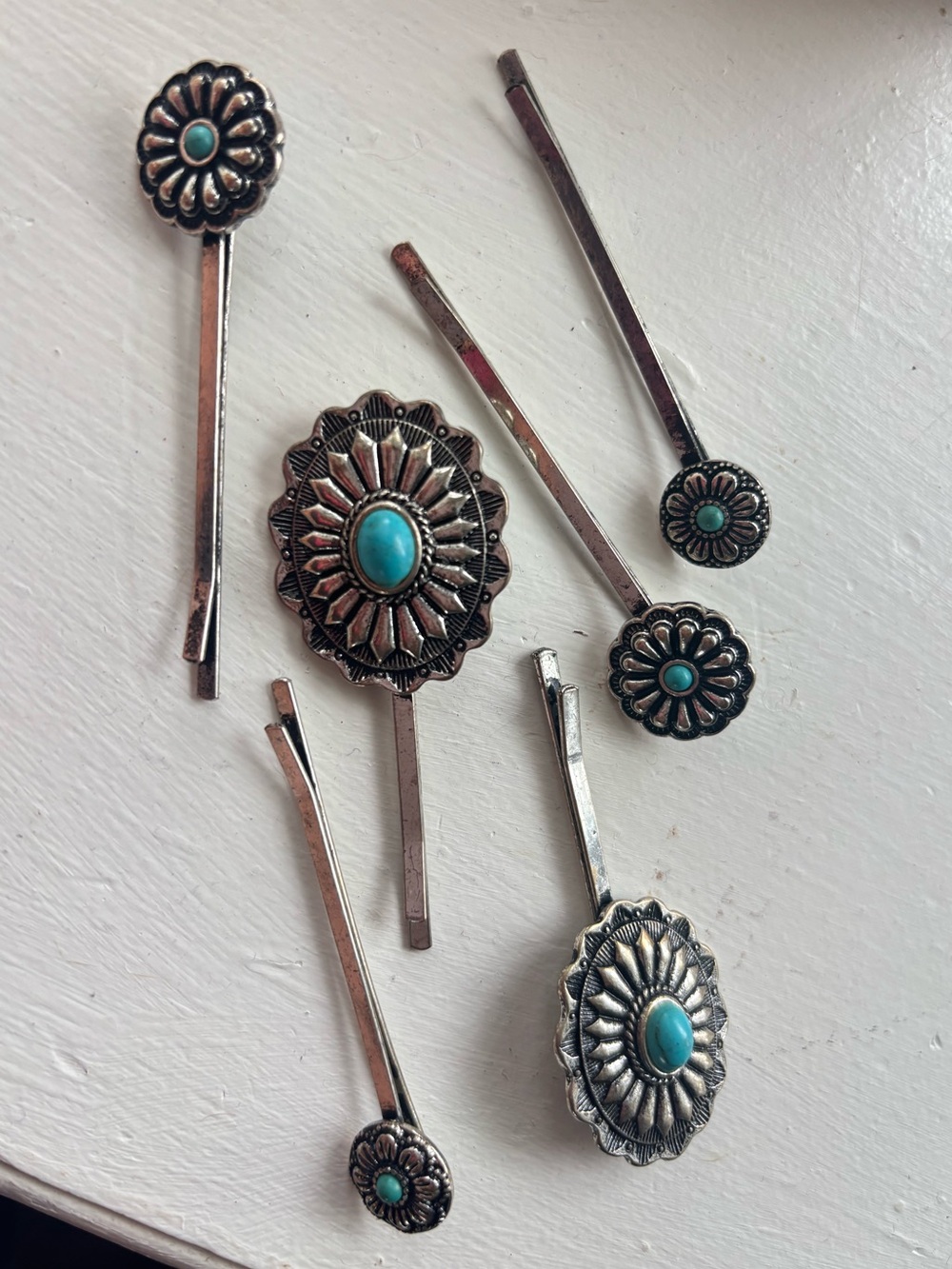 Western Faux Turquoise Concho Hair Pins Silver Tone Bobby Pin Set of 6